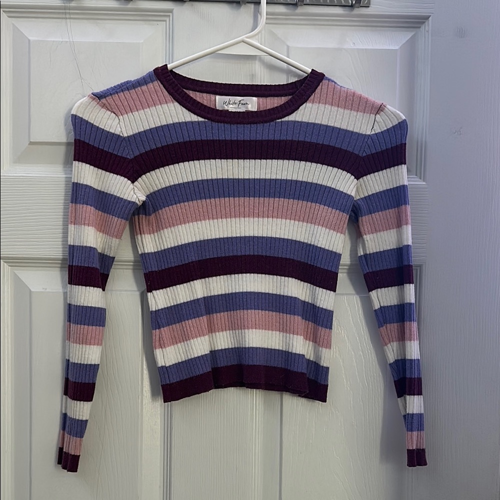 White Fawn Ribbed Stripe Knit Long Sleeve Top – Purple & Mauve Fitted Y2K Tee
